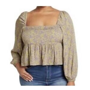 Abound Women's 2X Babydoll Cropped Floral Top Square Neck Milkmaid Smocked Back